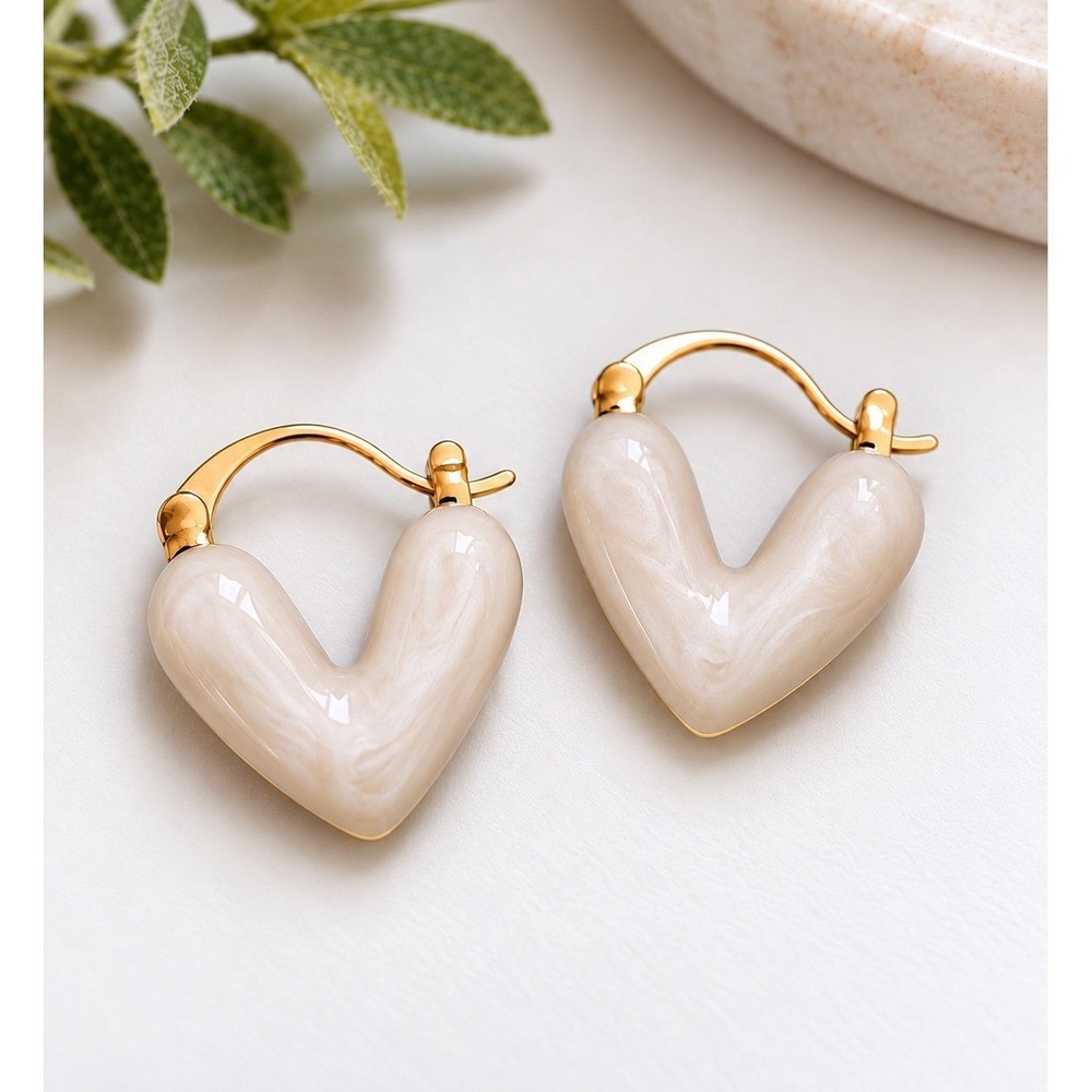 Adorable Cream / Neutral HEART Hoop Earrings Gold Tone Trendy Jewelry Fall